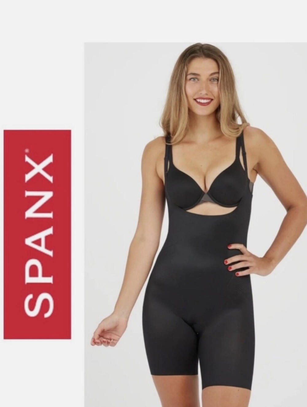 NWOT. SPANX Black Open-Bust Mid-Thigh Bodysuit. Size: Small.